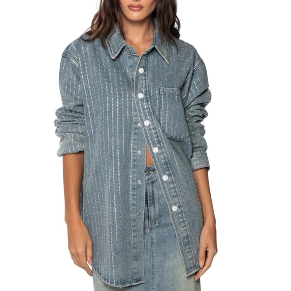 Forever 21 Rhinestone Denim Jacket Pinstripe Snap Front Shacket Women’s Large - Picture 1 of 17